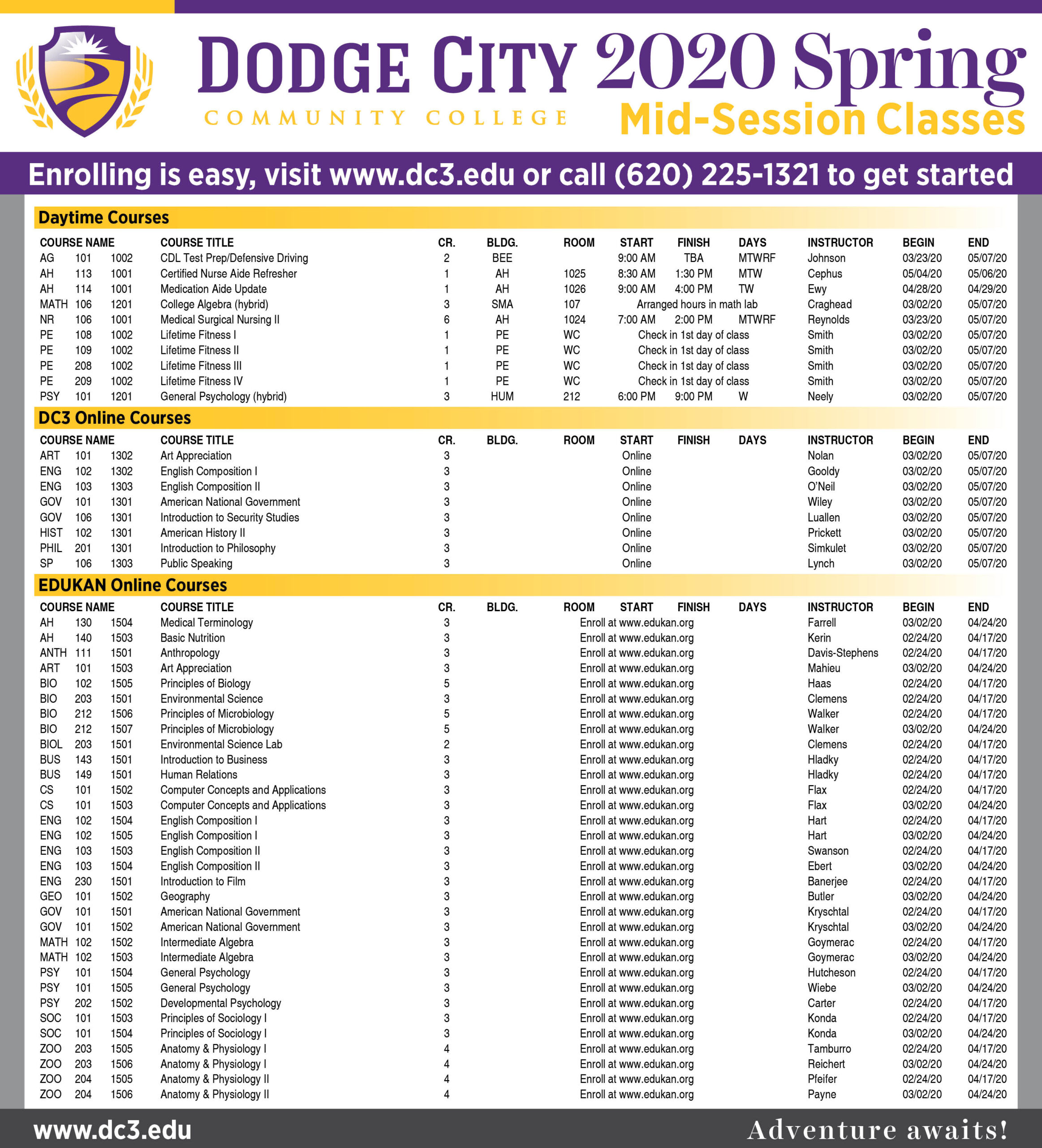 List of DC3's Mid-Session Classes offered in the 2020 Spring semester