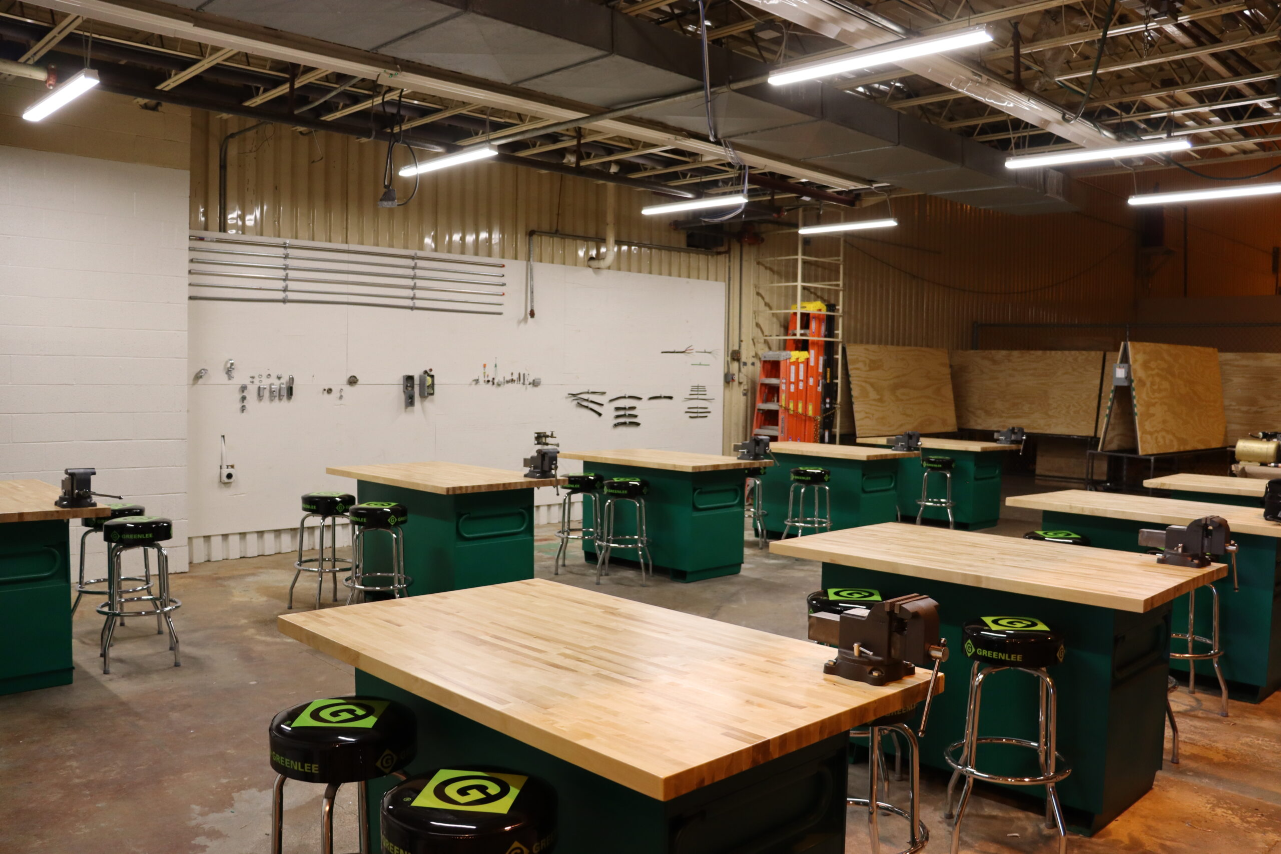The Greenlee Green Apple side of the new electrical technology lab features workbench space. [Photo by Lance Ziesch]
