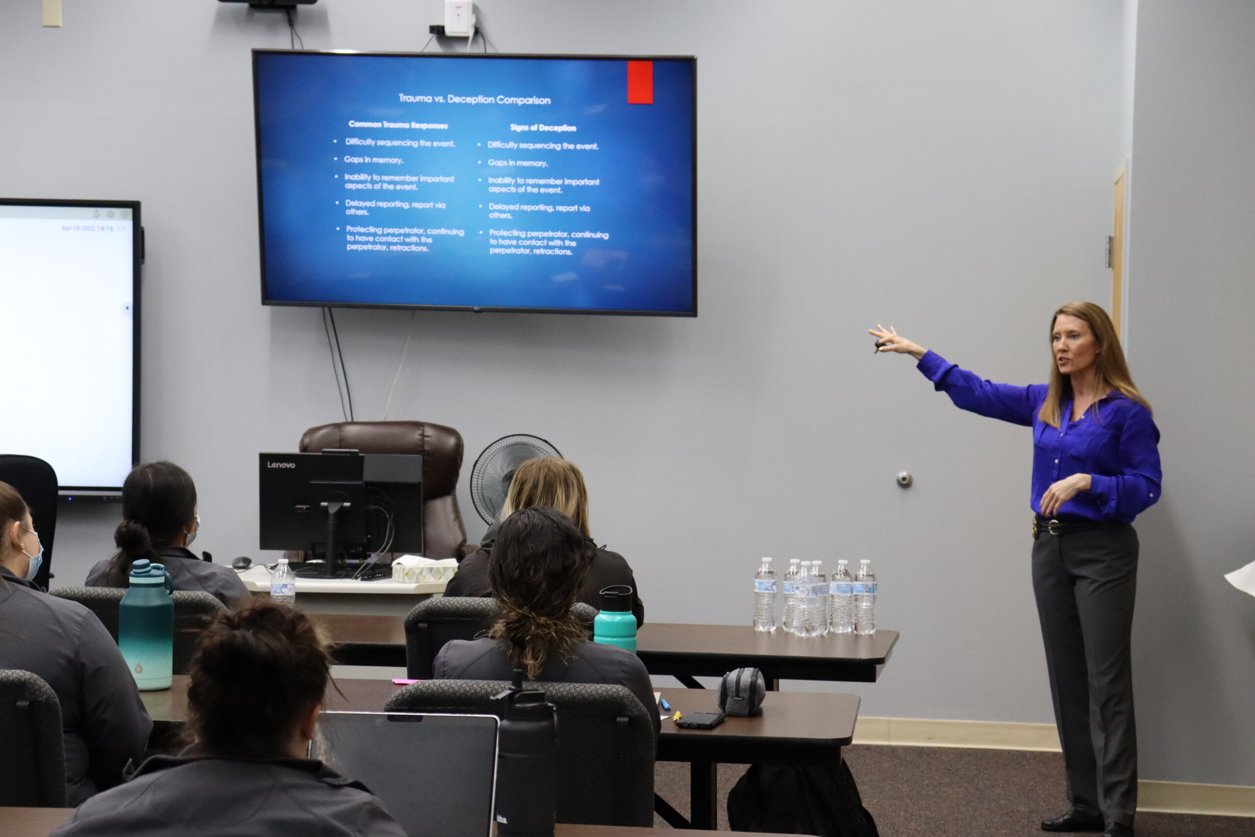 Capt. Colleen Brooks, seen above, provides specialized training on Monday, April 18,  to DC3 nursing students on situations involving domestic violence, child abuse, and sexual assault. [Photo by Luke Fay]