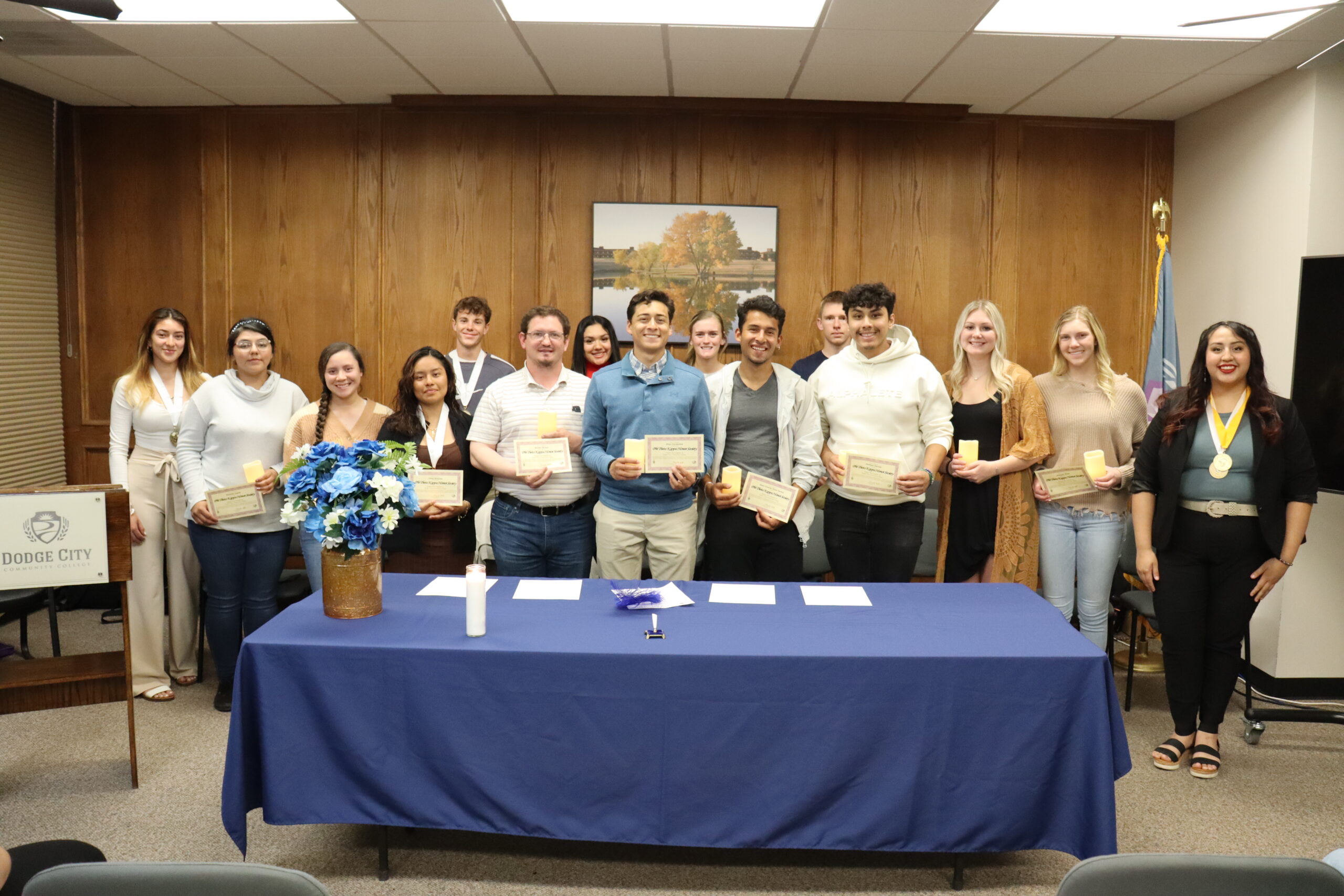 Pictured right to left (front row) are Olivia Ramos, PTK President, freshman from Dodge City, Kan.; Jennifer Katz, sophomore from Springfield, Neb.; Hailey Ellis, sophomore from Meade, Kan.; Damian Garcia, sophomore from Dodge City, Kan.; Juan Camilo Susa Cortes, freshman from Bogotá, Colombia; Alan Cervantes, sophomore from Cimarron, Kan.; Steven Brown, sophomore from Dodge City, Kan.; Litzy Rosales, freshman from Atlanta, Ga.; Olivia Ortiz, sophomore from Dodge City, Kan.; Yesenia Lopez, sophomore from Dodge City, Kan.; Perla Acuna, freshman from Norcross, Ga.; (back row) Reese Unruh, freshman from Greensburg, Kan.;  Addison Spencer, freshman from Vernon, Texas; Brisa Ontiberos, freshman from Dodge City, Kan.; and Janik Buch, freshman from Süderbrarup, Germany. [Photo by Luke Fay]