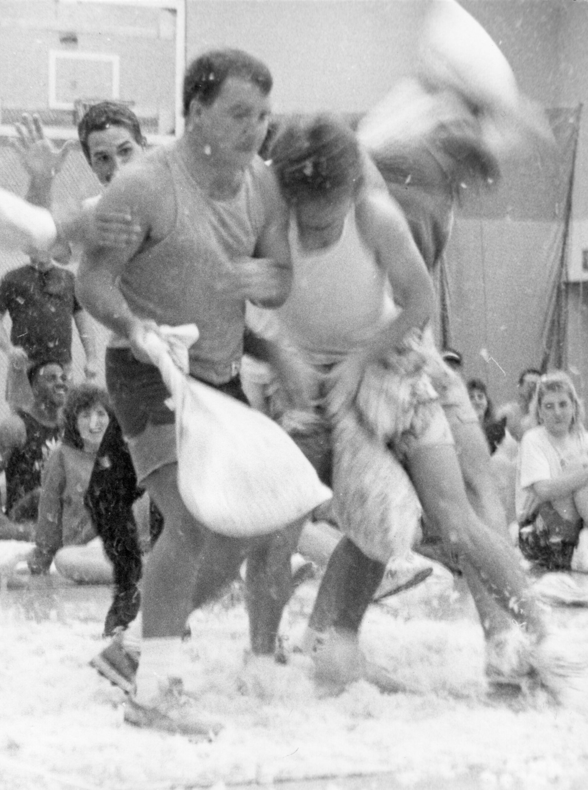Although feather pillows were not allowed in the 1988 pillow fight, someone clearly didn’t follow directions! [College Archives]